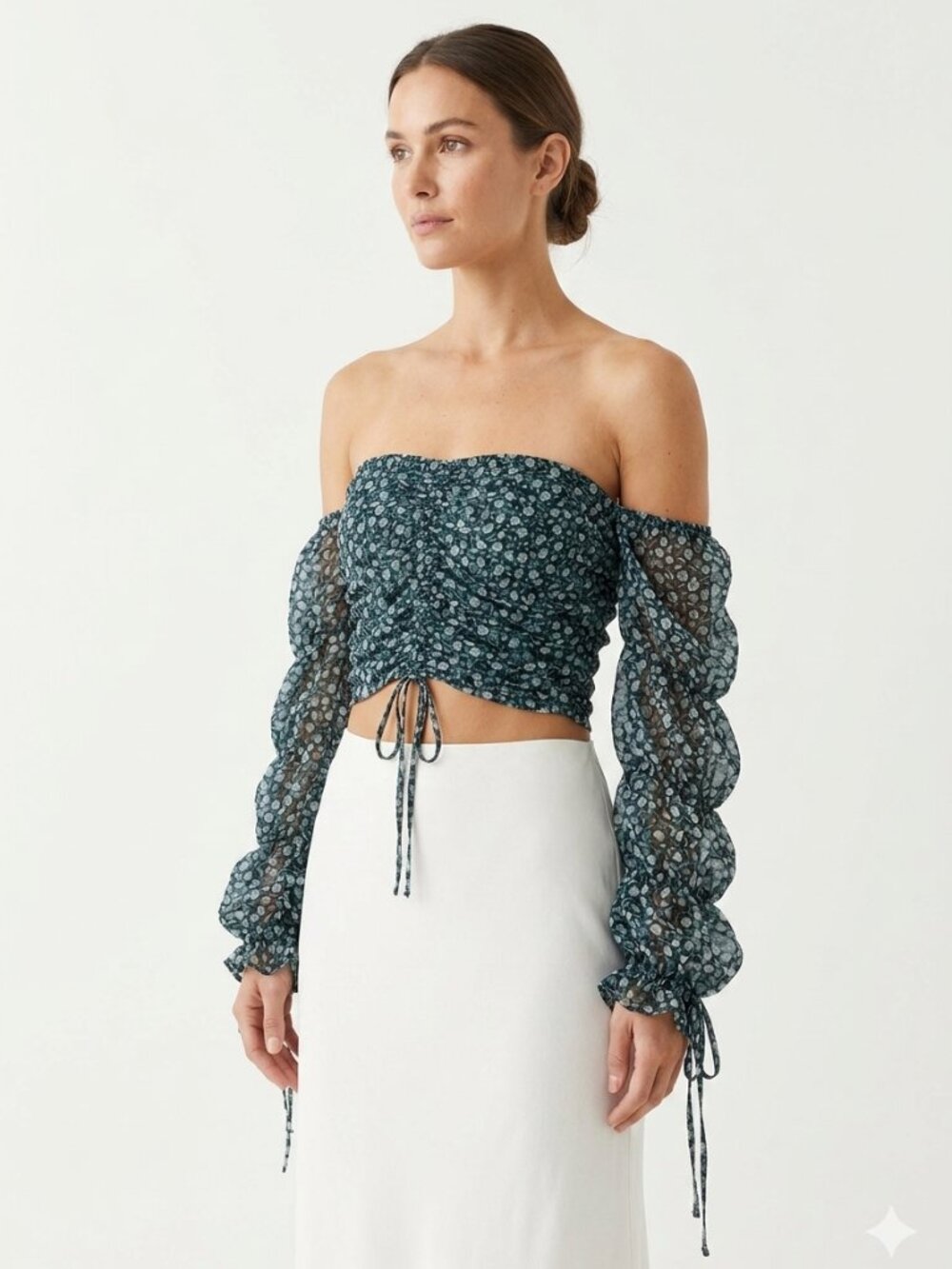THE EAST ORDER FLORAL CINCHED LACE UP OFF THE SHOULDER SHEER CROPPED TOP